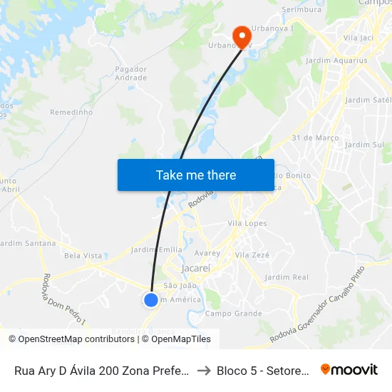 Rua Ary D Ávila 200 Zona Preferencial 01 - Zap 1 Jacareí - São Paulo 12323 Brasil to Bloco 5 - Setores Administrativos Fve / Univap map
