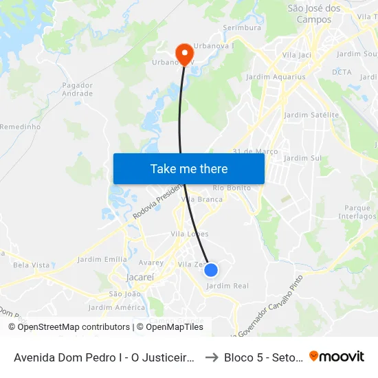 Avenida Dom Pedro I - O Justiceiro 707 Zona Preferencial 01 - Zap 1 Jacareí - São Paulo 12310-060 Brasil to Bloco 5 - Setores Administrativos Fve / Univap map