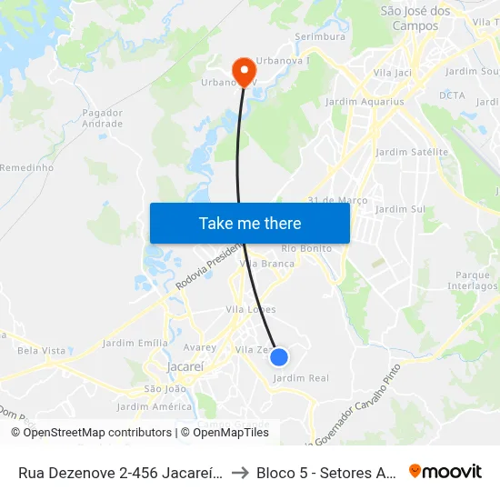 Rua Dezenove 2-456 Jacareí - SP República Federativa Do Brasil to Bloco 5 - Setores Administrativos Fve / Univap map