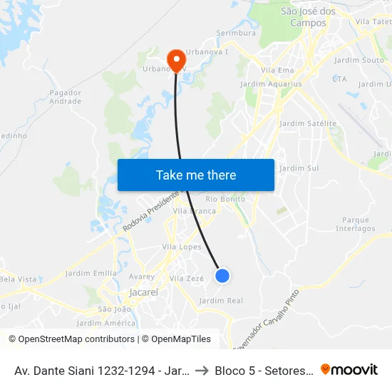Av. Dante Siani 1232-1294 - Jardim Santa Marina Jacareí - SP 12312-420 Brasil to Bloco 5 - Setores Administrativos Fve / Univap map