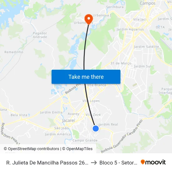 R. Julieta De Mancilha Passos 262-296 - Jardim Novo Amanhecer Jacareí - SP 12316-570 Brasil to Bloco 5 - Setores Administrativos Fve / Univap map