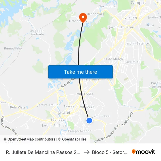 R. Julieta De Mancilha Passos 265 - Jardim Novo Amanhecer Jacareí - SP 12316-570 Brasil to Bloco 5 - Setores Administrativos Fve / Univap map