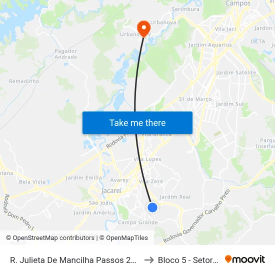 R. Julieta De Mancilha Passos 23-43 - Jardim Novo Amanhecer Jacareí - SP 12316-570 Brasil to Bloco 5 - Setores Administrativos Fve / Univap map