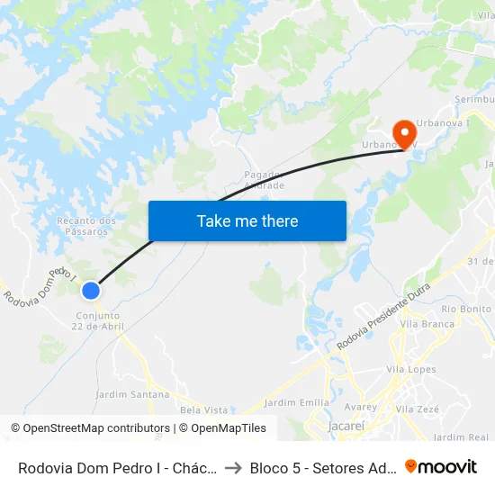 Rodovia Dom Pedro I - Chácaras Reunidas Igarapes SP Brasil to Bloco 5 - Setores Administrativos Fve / Univap map