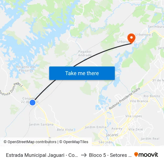 Estrada Municipal Jaguari - Conjunto Vinte E Dois De Abril Jacareí - SP Brasil to Bloco 5 - Setores Administrativos Fve / Univap map