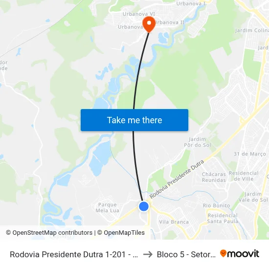 Rodovia Presidente Dutra 1-201 - Chácaras Rurais Santa Maria Parque Meia Lua Jacareí - SP Brasil to Bloco 5 - Setores Administrativos Fve / Univap map