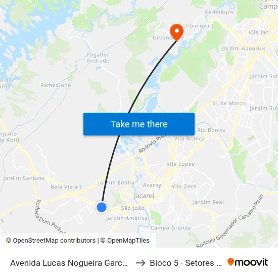 Avenida Lucas Nogueira Garcez 765 - Jardim Esperança Jacareí - SP Brasil to Bloco 5 - Setores Administrativos Fve / Univap map