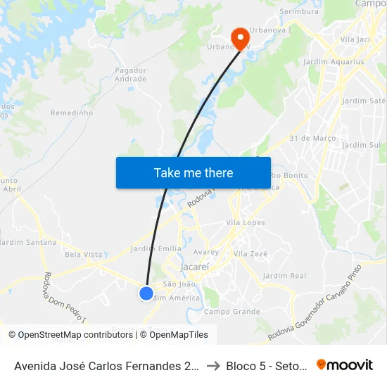 Avenida José Carlos Fernandes 247-307 - Jardim Terras De São João Jacareí - SP 12324-784 Brasil to Bloco 5 - Setores Administrativos Fve / Univap map