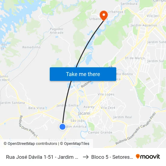 Rua José Dávila 1-51 - Jardim Terras De São João Jacareí - SP 12324-785 Brasil to Bloco 5 - Setores Administrativos Fve / Univap map