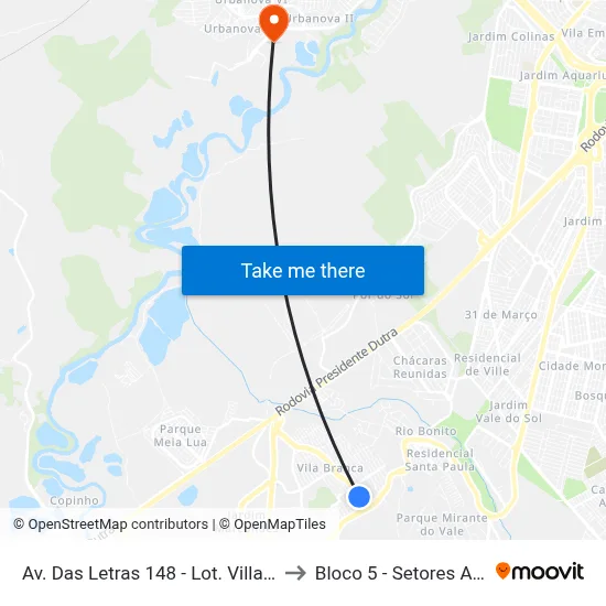 Av. Das Letras 148 - Lot. Villa Branca Jacareí - SP 12301-330 Brasil to Bloco 5 - Setores Administrativos Fve / Univap map