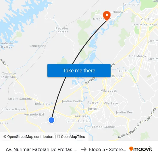 Av. Nurimar Fazolari De Freitas 60-130 - Parque Imperial Jacareí - SP 12329-011 Brasil to Bloco 5 - Setores Administrativos Fve / Univap map