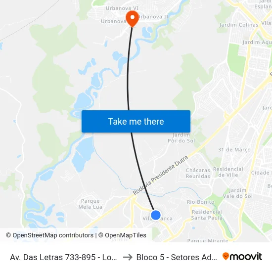 Av. Das Letras 733-895 - Lot. Villa Branca Jacareí - SP Brasil to Bloco 5 - Setores Administrativos Fve / Univap map
