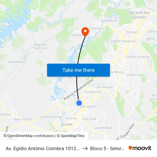 Av. Egídio Antônio Coimbra 1012-1068 - Res. Parque Dos Sinos Jacareí - SP 12328-513 Brasil to Bloco 5 - Setores Administrativos Fve / Univap map