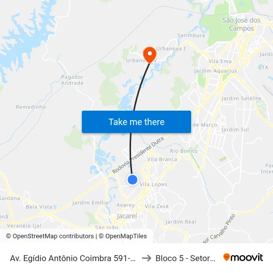 Av. Egídio Antônio Coimbra 591-649 - Res. Parque Dos Sinos Jacareí - SP 12328-513 Brasil to Bloco 5 - Setores Administrativos Fve / Univap map