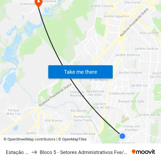 Estação Sul to Bloco 5 - Setores Administrativos Fve / Univap map