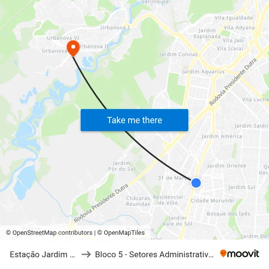 Estação Jardim Morumbi to Bloco 5 - Setores Administrativos Fve / Univap map