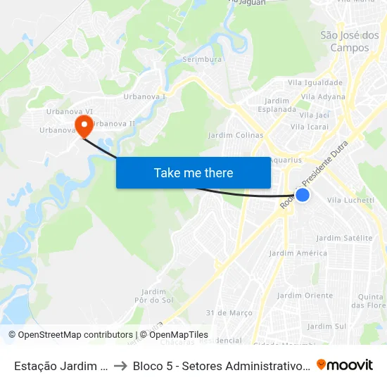 Estação Jardim Satélite to Bloco 5 - Setores Administrativos Fve / Univap map