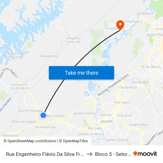Rua Engenheiro Flávio Da Silva Freitas 1010-1026 - Chácaras Reunidas Igarapes Jacareí - SP Brasil to Bloco 5 - Setores Administrativos Fve / Univap map
