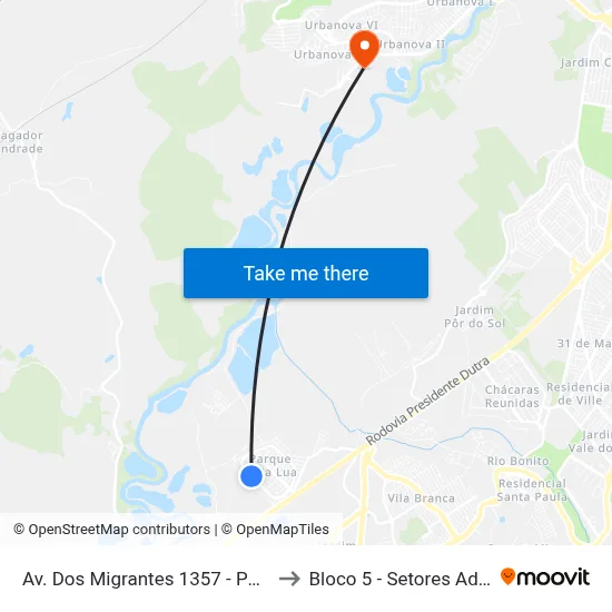 Av. Dos Migrantes 1357 - Parque Meia Lua Jacareí - SP Brasil to Bloco 5 - Setores Administrativos Fve / Univap map