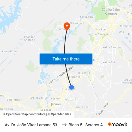 Av. Dr. João Vítor Lamana 53 - Parque California Jacareí - SP Brasil to Bloco 5 - Setores Administrativos Fve / Univap map