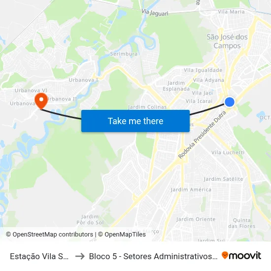 Estação Vila Sanches to Bloco 5 - Setores Administrativos Fve / Univap map