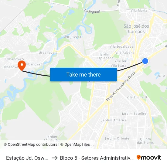 Estação Jd. Oswaldo Cruz to Bloco 5 - Setores Administrativos Fve / Univap map