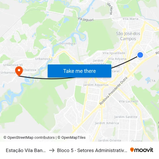 Estação Vila Bandeirantes to Bloco 5 - Setores Administrativos Fve / Univap map