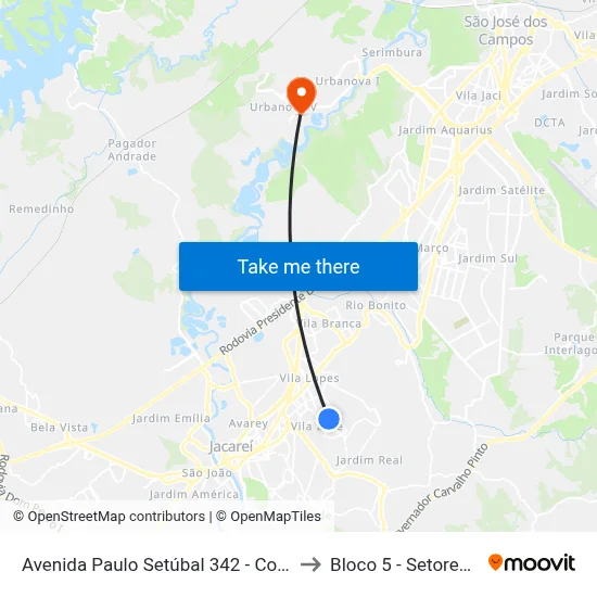 Avenida Paulo Setúbal 342 - Conjunto São Benedito Jacareí - SP 12310-150 Brasil to Bloco 5 - Setores Administrativos Fve / Univap map