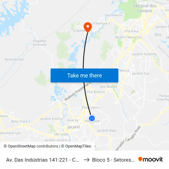Av. Das Indústrias 141-221 - Conj. São Benedito Jacareí - SP 12310-470 Brasil to Bloco 5 - Setores Administrativos Fve / Univap map