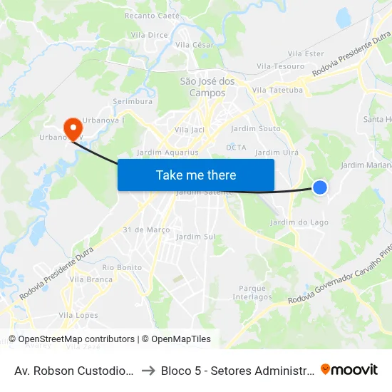 Av. Robson Custodio Machado, 100 to Bloco 5 - Setores Administrativos Fve / Univap map