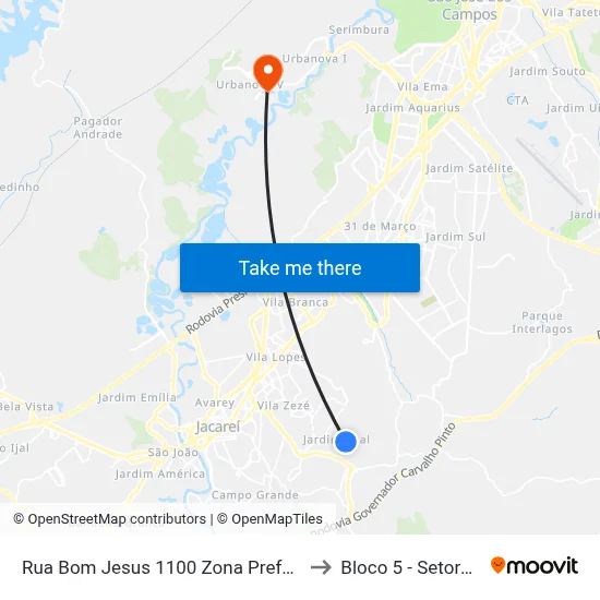 Rua Bom Jesus 1100 Zona Preferencial 02 - Zap 2 A Jacareí - São Paulo 12312-150 Brasil to Bloco 5 - Setores Administrativos Fve / Univap map