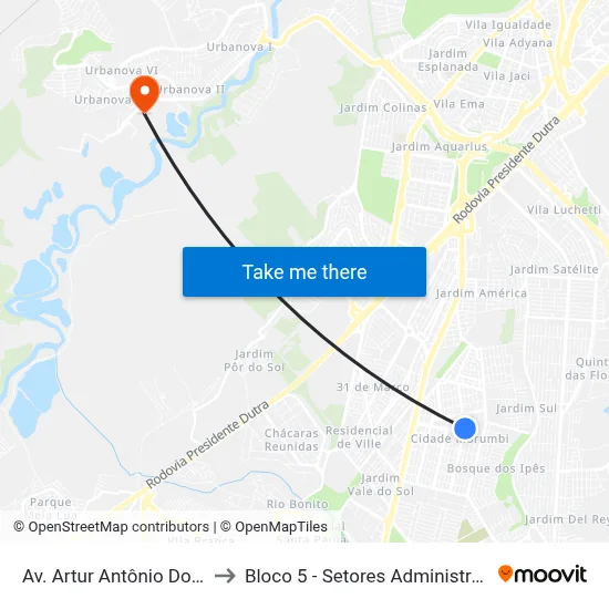 Av. Artur Antônio Dos Santos, 523 to Bloco 5 - Setores Administrativos Fve / Univap map