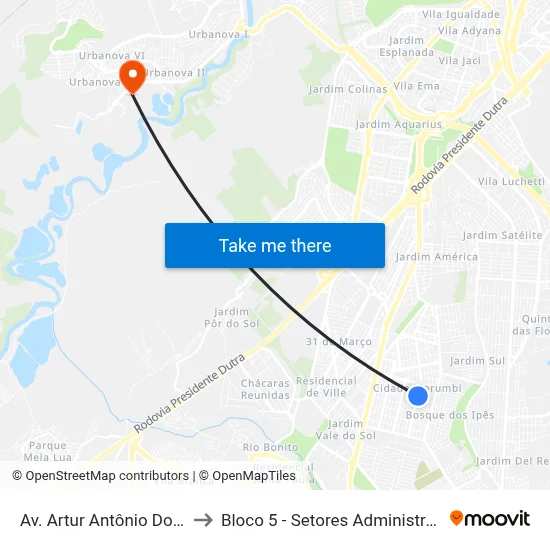 Av. Artur Antônio Dos Santos, 761 to Bloco 5 - Setores Administrativos Fve / Univap map