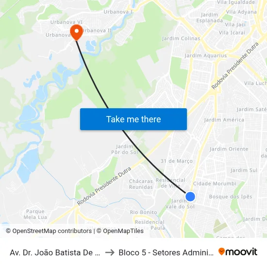 Av. Dr. João Batista De Souza Soares, 3569 to Bloco 5 - Setores Administrativos Fve / Univap map