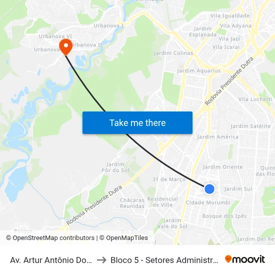 Av. Artur Antônio Dos Santos, 323 to Bloco 5 - Setores Administrativos Fve / Univap map