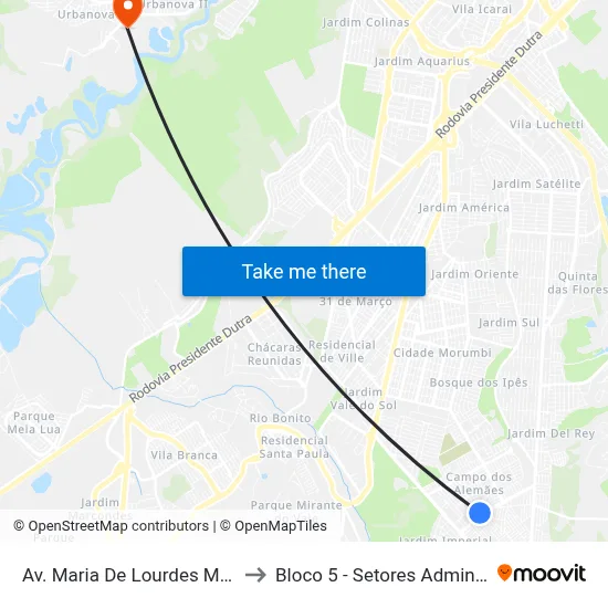 Av. Maria De Lourdes Medeiros De Assis, 899 to Bloco 5 - Setores Administrativos Fve / Univap map