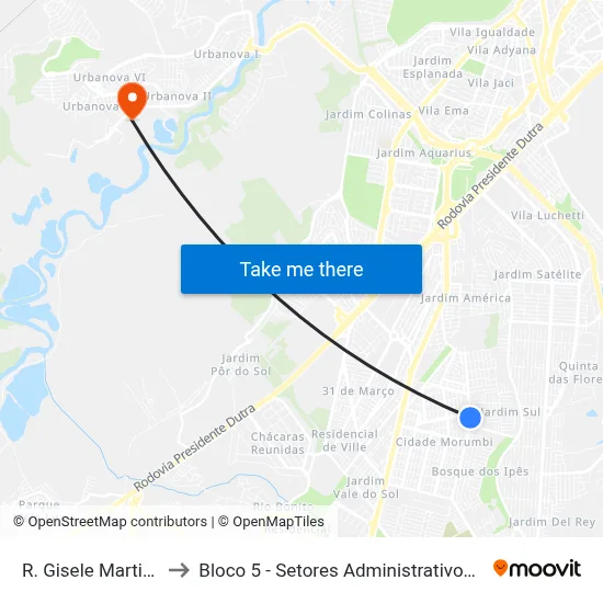 R. Gisele Martins, 350 to Bloco 5 - Setores Administrativos Fve / Univap map