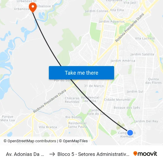 Av. Adonias Da Silva, 571 to Bloco 5 - Setores Administrativos Fve / Univap map