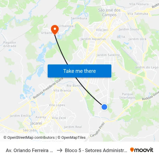 Av. Orlando Ferreira Rebouças, 151 to Bloco 5 - Setores Administrativos Fve / Univap map