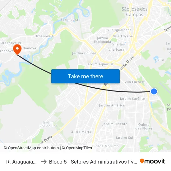 R. Araguaia, 674 to Bloco 5 - Setores Administrativos Fve / Univap map