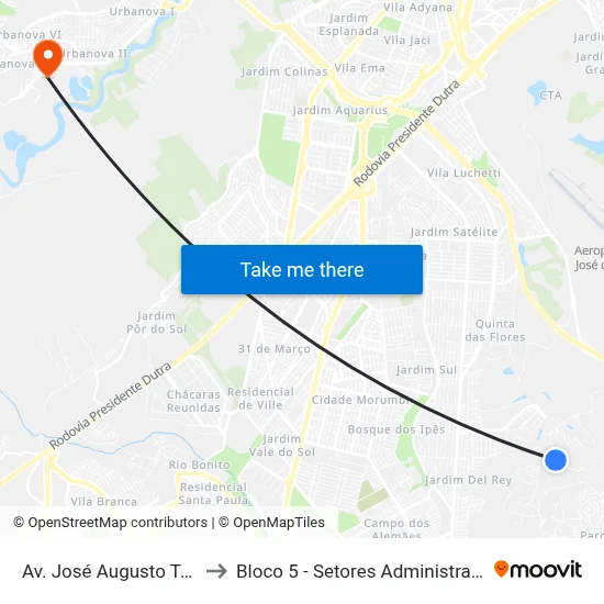 Av. José Augusto Teixeira, 2020 to Bloco 5 - Setores Administrativos Fve / Univap map