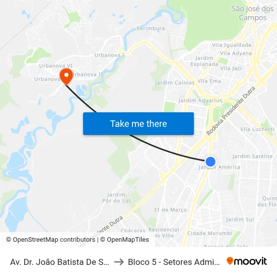 Av. Dr. João Batista De Souza Soares, Atrás 380 to Bloco 5 - Setores Administrativos Fve / Univap map