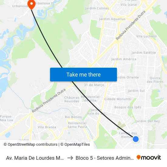 Av. Maria De Lourdes Medeiros De Assis, 222 to Bloco 5 - Setores Administrativos Fve / Univap map