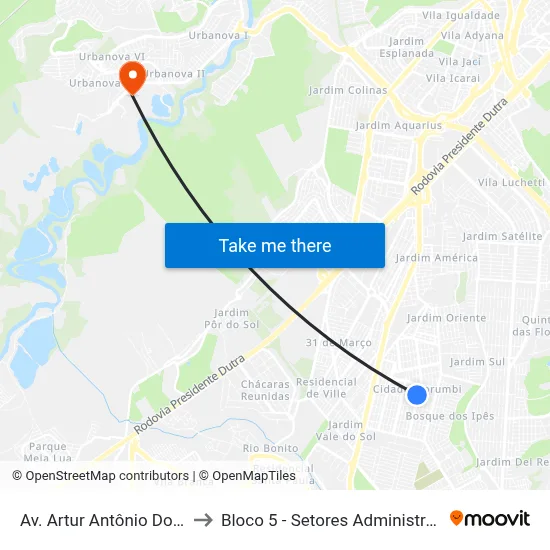 Av. Artur Antônio Dos Santos, 742 to Bloco 5 - Setores Administrativos Fve / Univap map