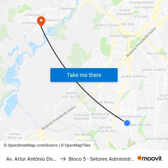 Av. Artur Antônio Dos Santos, 1098 to Bloco 5 - Setores Administrativos Fve / Univap map