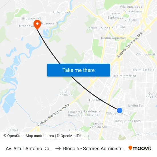Av. Artur Antônio Dos Santos, 522 to Bloco 5 - Setores Administrativos Fve / Univap map