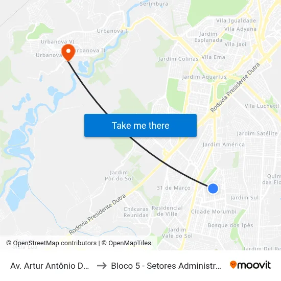 Av. Artur Antônio Dos Santos, 54 to Bloco 5 - Setores Administrativos Fve / Univap map