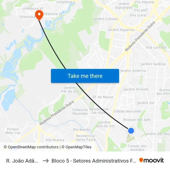 R. João Adão, 240 to Bloco 5 - Setores Administrativos Fve / Univap map