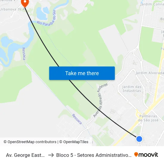 Av. George Eastman, 63 to Bloco 5 - Setores Administrativos Fve / Univap map