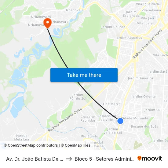 Av. Dr. João Batista De Souza Soares, 3295 to Bloco 5 - Setores Administrativos Fve / Univap map